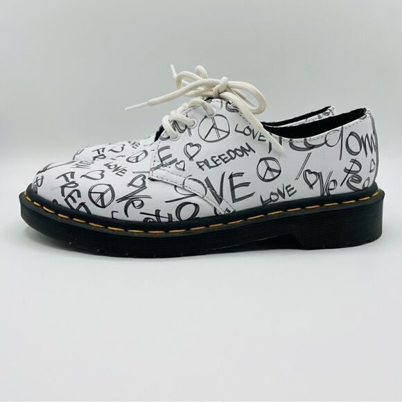 Dr. Martens White Peace Love Freedom 1461 6 Eye Oxford Shoes - Picture 2 of 6